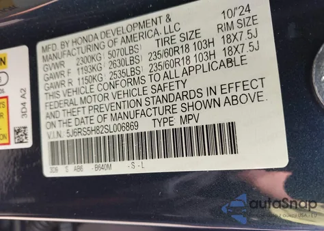 2025 Honda Cr-V Hybrid Sport-L z USA, uszkodzony, nr VIN 5J6RS5H82SL006869